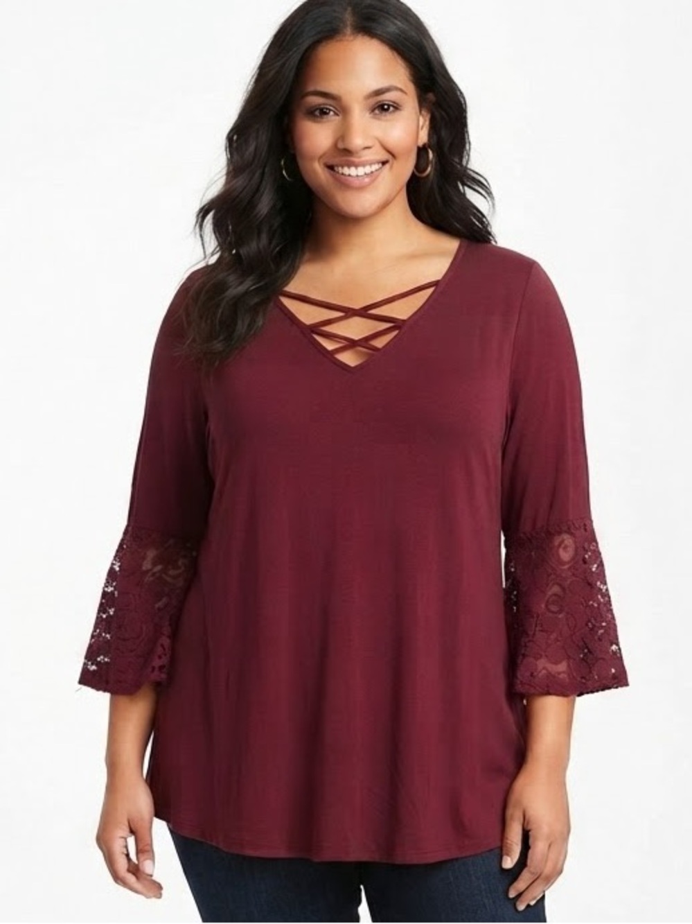 Bobeau Burgundy Criss Cross V-Neck Lace Back & Sleeve Top Size 1X